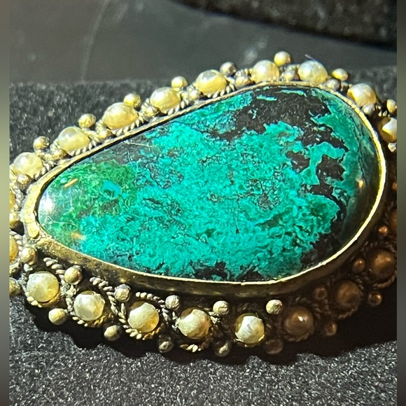 Vintage 935 sterling silver chrysocolla vermeil pendant/brooch